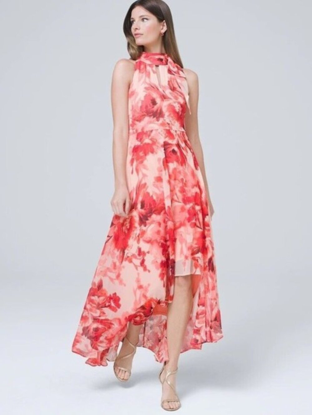 White House Black Market | Breezy floral hi-lo halter dress, size 6